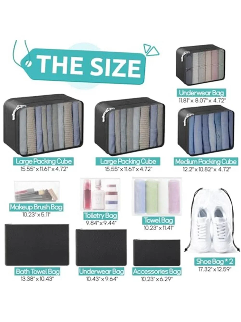12 Piece Travel Packing Cubes Luggage Organizer Set Shoe Bags Waterproof